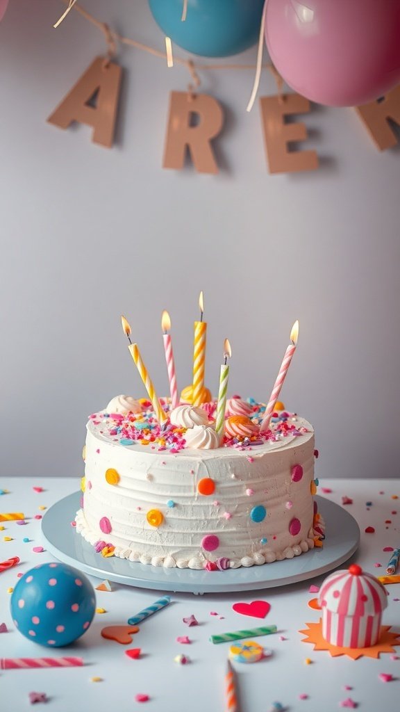 A colorful birthday cake with sprinkles and candles, surrounded by festive decorations.
