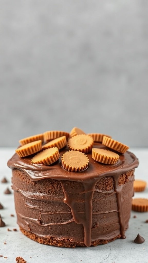 A chocolate cake topped with peanut butter cups and chocolate drizzle.