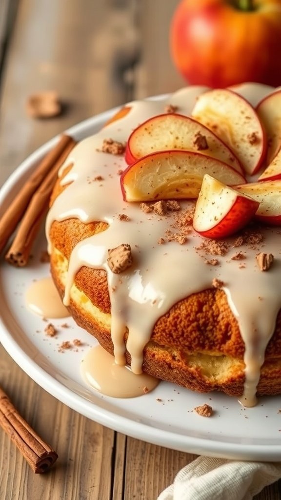 A delicious apple cinnamon cake topped with sliced apples and a creamy glaze, surrounded by cinnamon sticks.