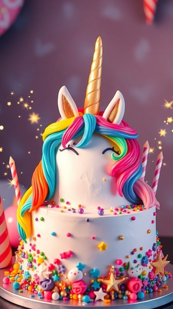 A colorful unicorn cake with a golden horn, rainbow mane, and sprinkles.