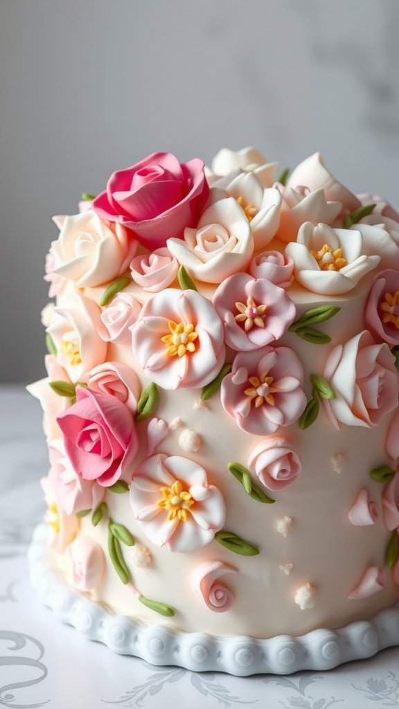 A beautifully decorated floral buttercream cake with pink and white flowers.