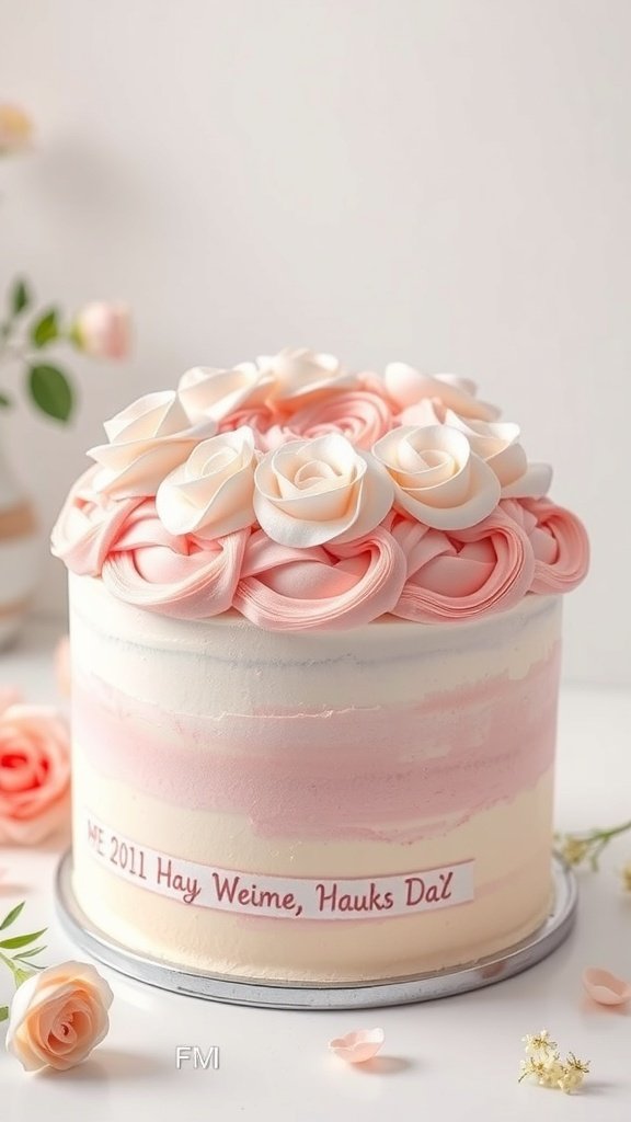 A pastel cake decorated with pink and white frosting roses.