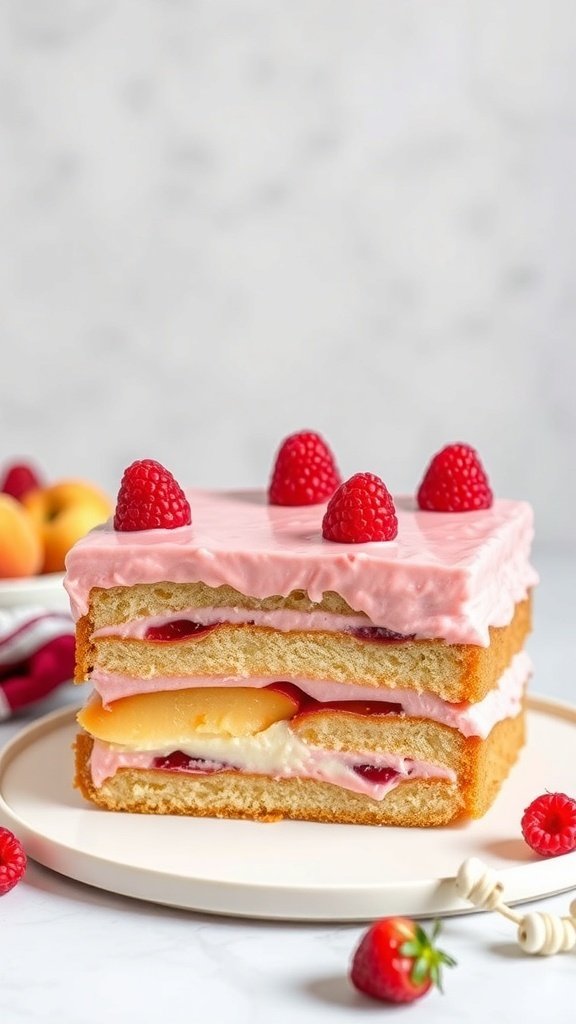A Peach Melba Cake with layers of sponge cake, custard, and topped with pink frosting and fresh raspberries.