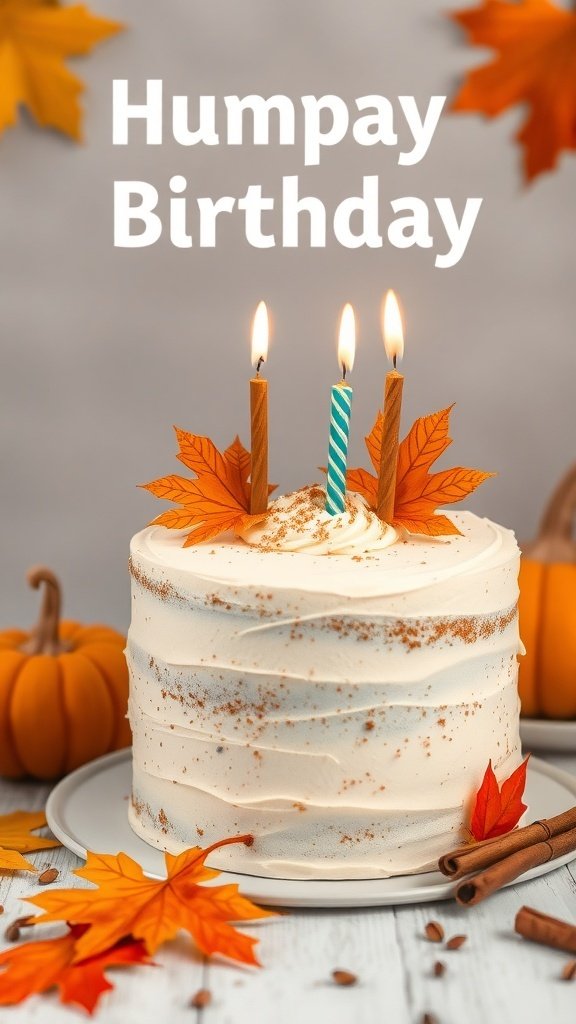 A birthday cake with pumpkin spice flavor, decorated with autumn leaves and candles, surrounded by pumpkins and cinnamon sticks.