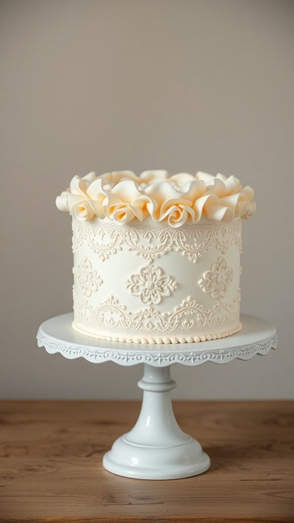 A vintage cake design featuring lace patterns and ruffles on top.