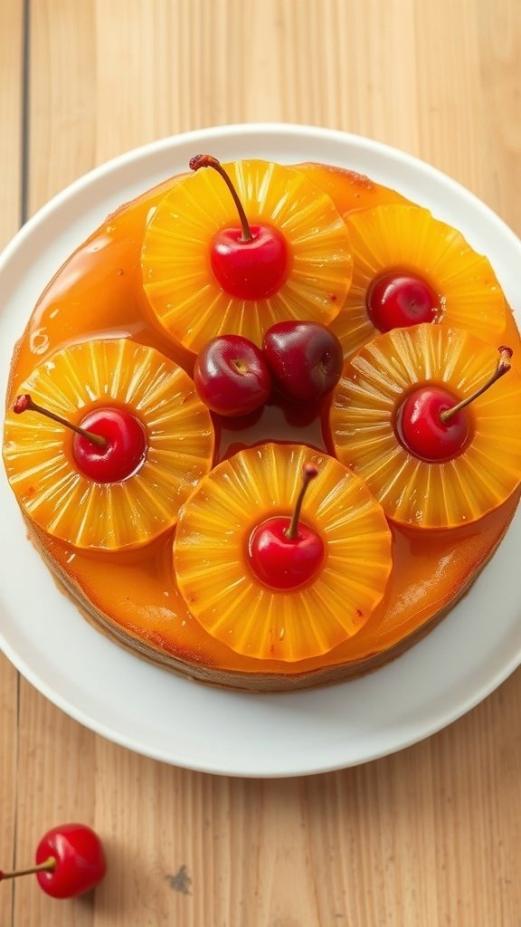 A delicious pineapple upside-down cake topped with pineapple rings and cherries.