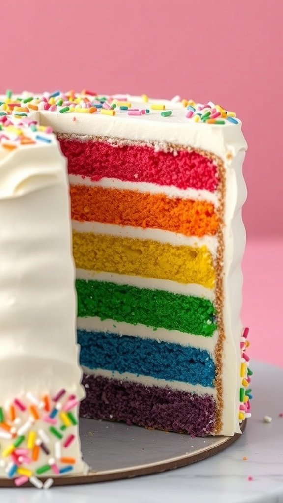 A colorful rainbow layer cake with layers of red, orange, yellow, green, blue, and purple, topped with white frosting and sprinkles.