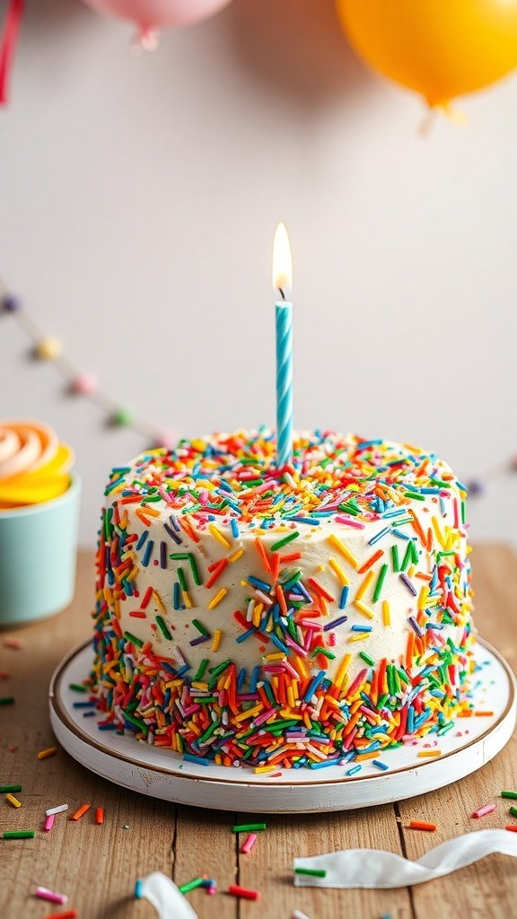 A birthday cake covered in rainbow sprinkles with a blue candle on top, surrounded by colorful balloons.