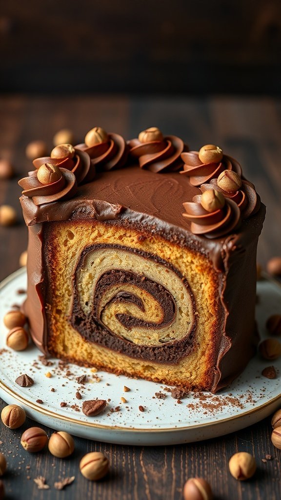 A delicious Nutella Swirl Cake with chocolate frosting and hazelnuts on top.