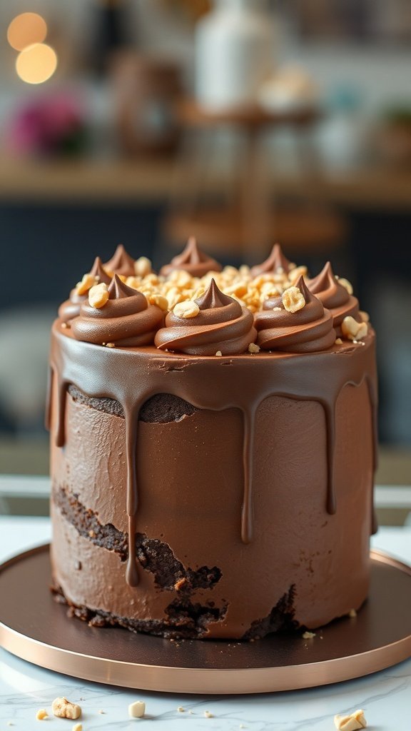 A rich peanut butter chocolate cake with chocolate ganache dripping down the sides and topped with peanut butter frosting and peanuts.
