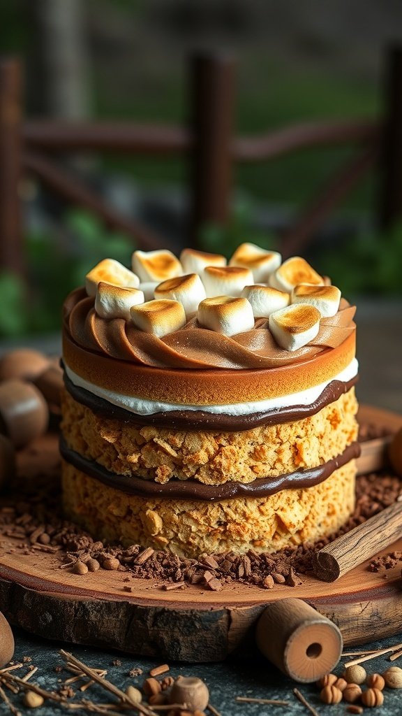 A beautifully layered S'mores cake topped with toasted marshmallows, set on a wooden platter.