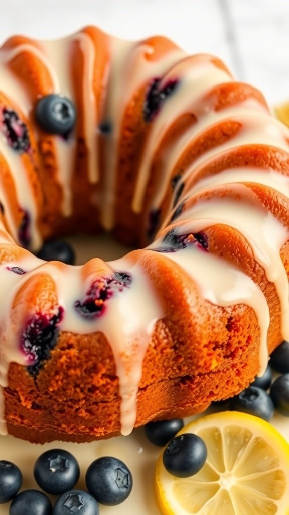 A Lemon Blueberry Bundt Cake with a drizzle of glaze, surrounded by fresh blueberries and lemon slices.