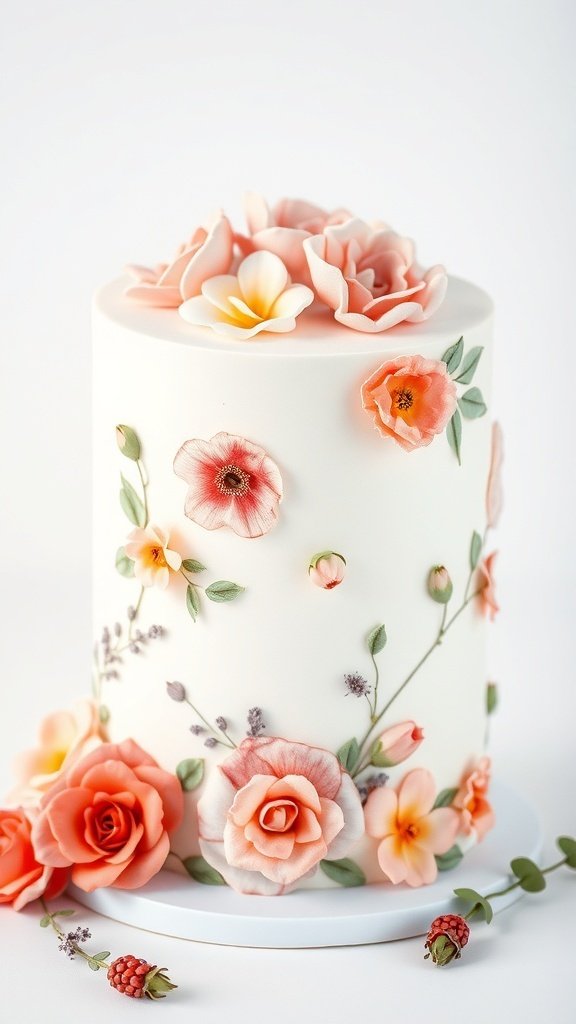 A beautifully decorated cake with floral watercolor designs featuring soft pastel colors and delicate flowers.