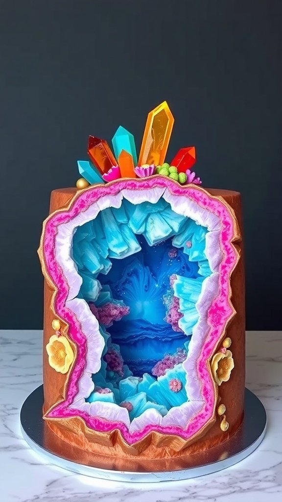 A stunning geode-inspired cake featuring colorful crystals and intricate layers.