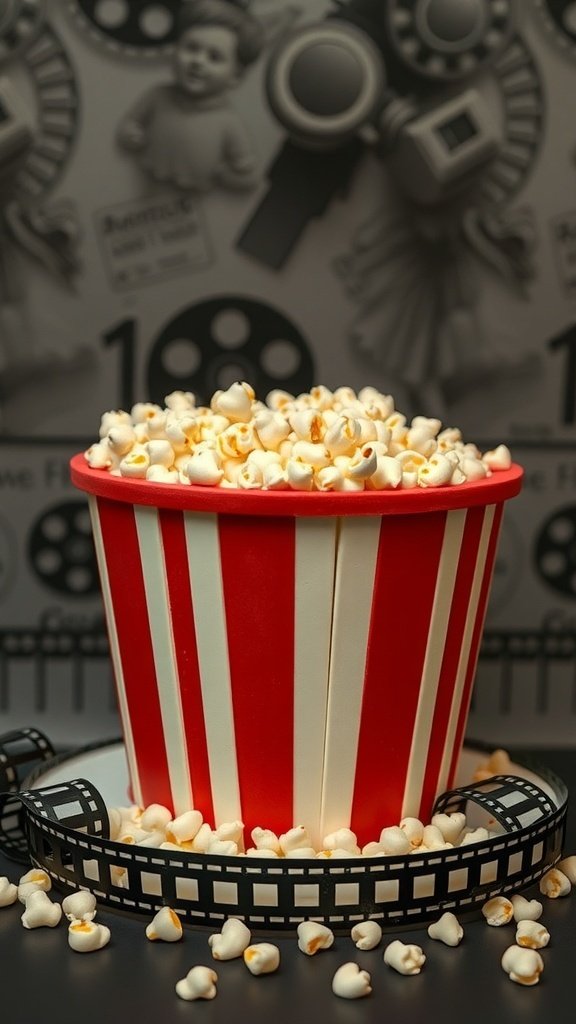 A cake designed to look like a popcorn bucket, with a red and white striped pattern and topped with fluffy popcorn.