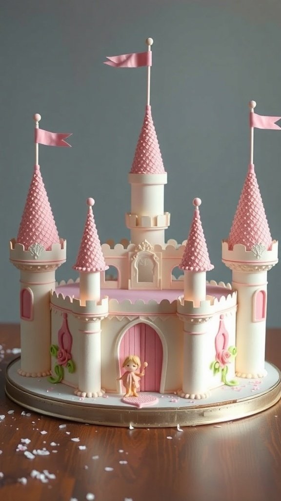 A beautifully designed Fairytale Castle Cake with pink towers and flags.