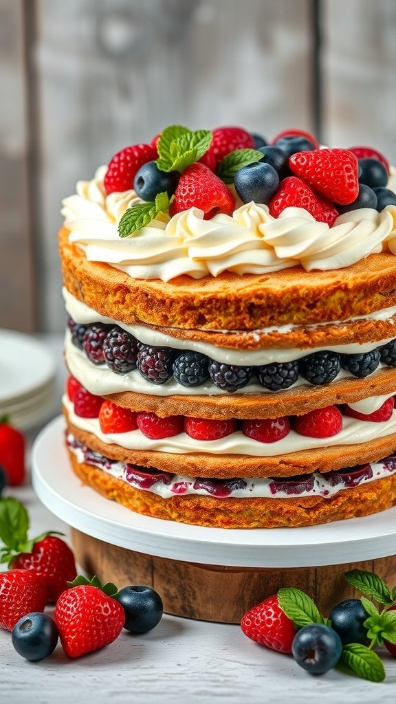 A beautiful naked cake layered with cream and fresh berries, topped with strawberries, blueberries, and mint leaves.
