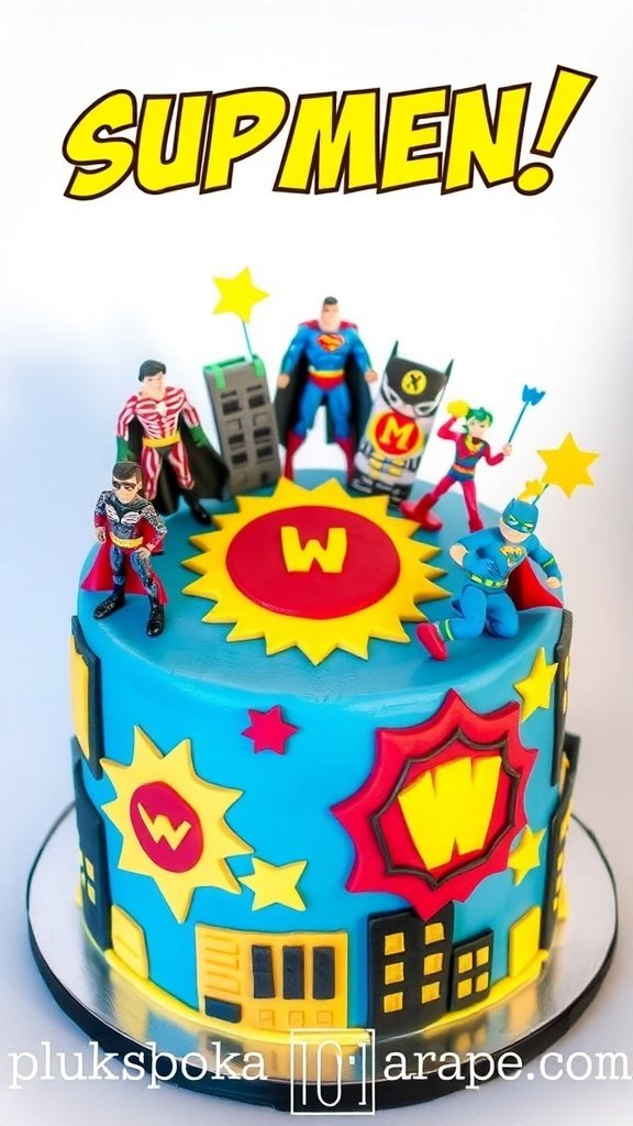 A colorful superhero-themed birthday cake with figurines and vibrant decorations.