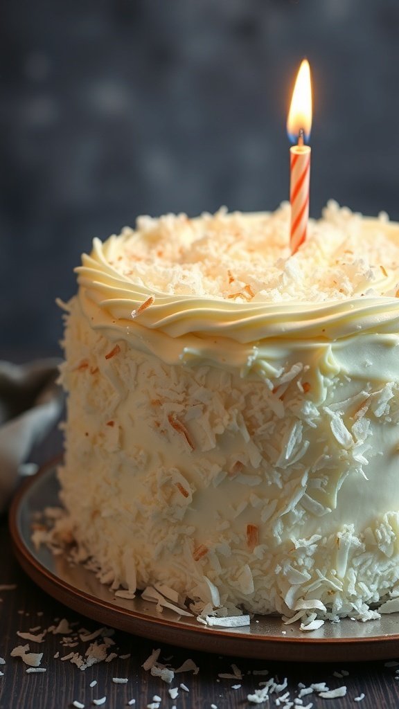 A coconut cream cake with a candle on top, decorated with shredded coconut.