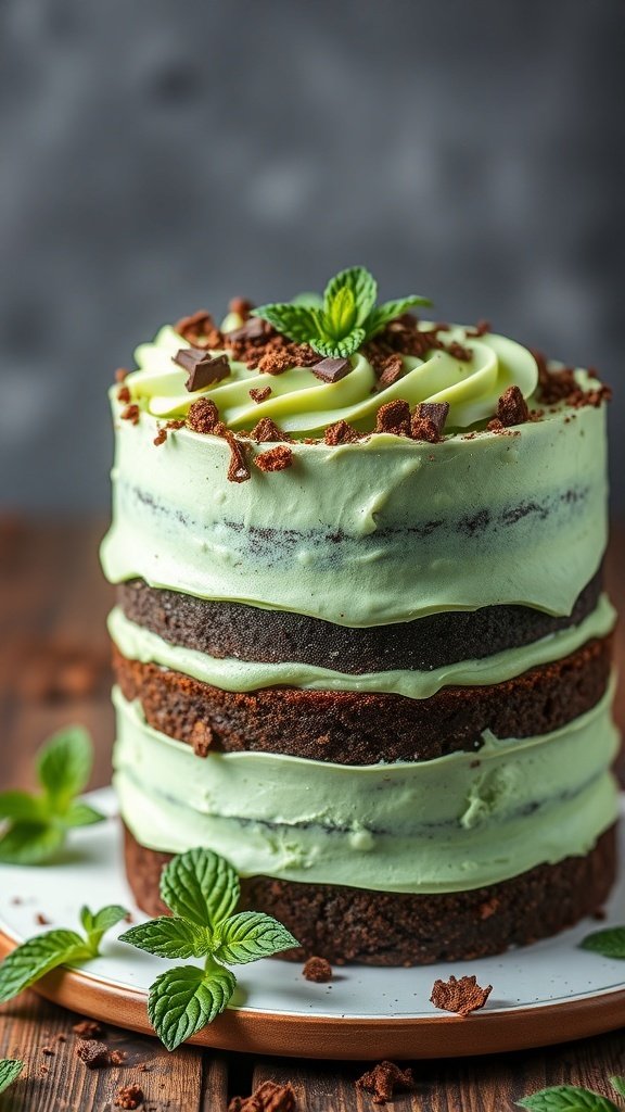 A three-layer chocolate mint cake with green frosting, chocolate shavings, and mint leaves on top.