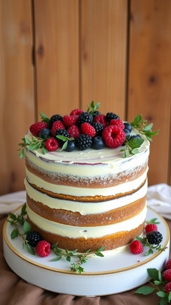 A rustic naked cake topped with fresh berries and greenery.