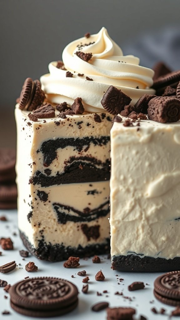 A delicious Oreo Cheesecake Cake with layers of cheesecake and Oreo crust, topped with whipped cream and crushed Oreos.