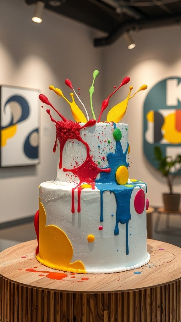A two-tier cake with colorful splashes of icing in red, blue, yellow, and green, displayed on a wooden stand.