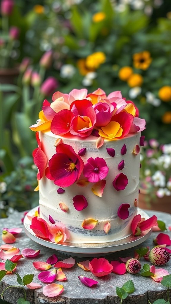 A beautiful floral cake adorned with colorful edible petals, set against a lush garden background.