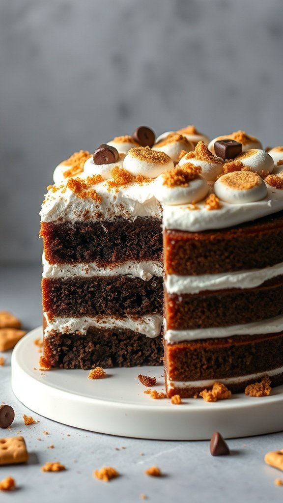 A layered s'mores cake with chocolate layers, marshmallow frosting, and graham cracker crumbs on top.