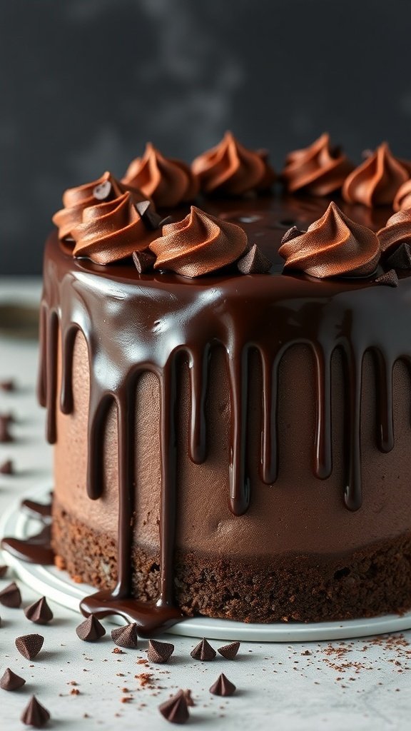 A beautifully decorated Chocolate Drip Cake with chocolate ganache dripping down the sides and topped with chocolate swirls.