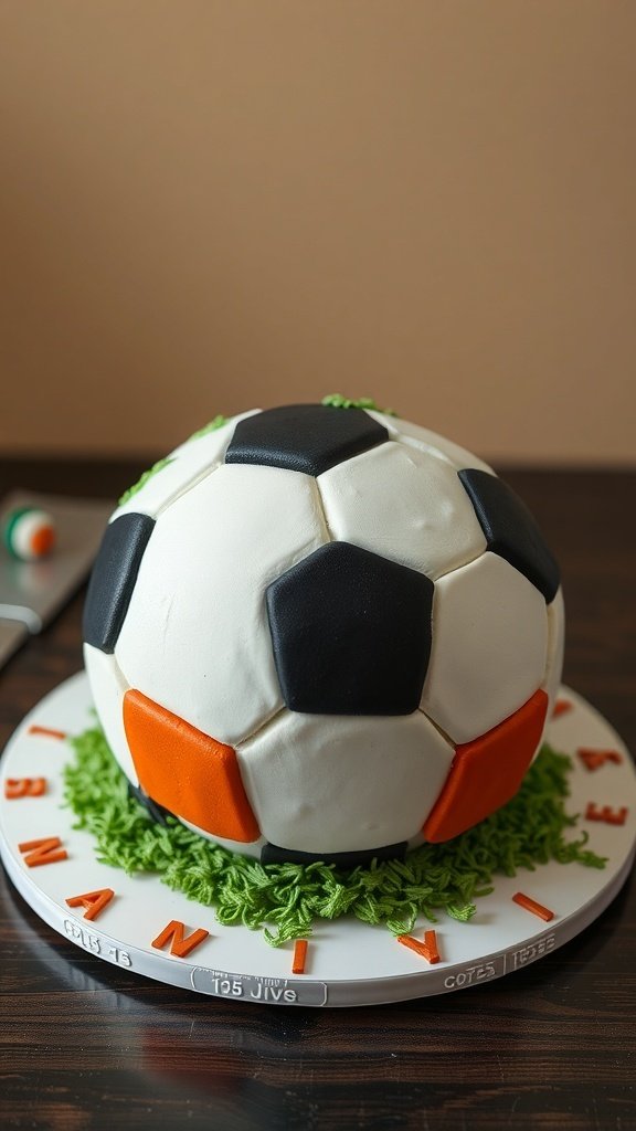 A soccer ball cake with black and white patterns and green icing resembling grass.