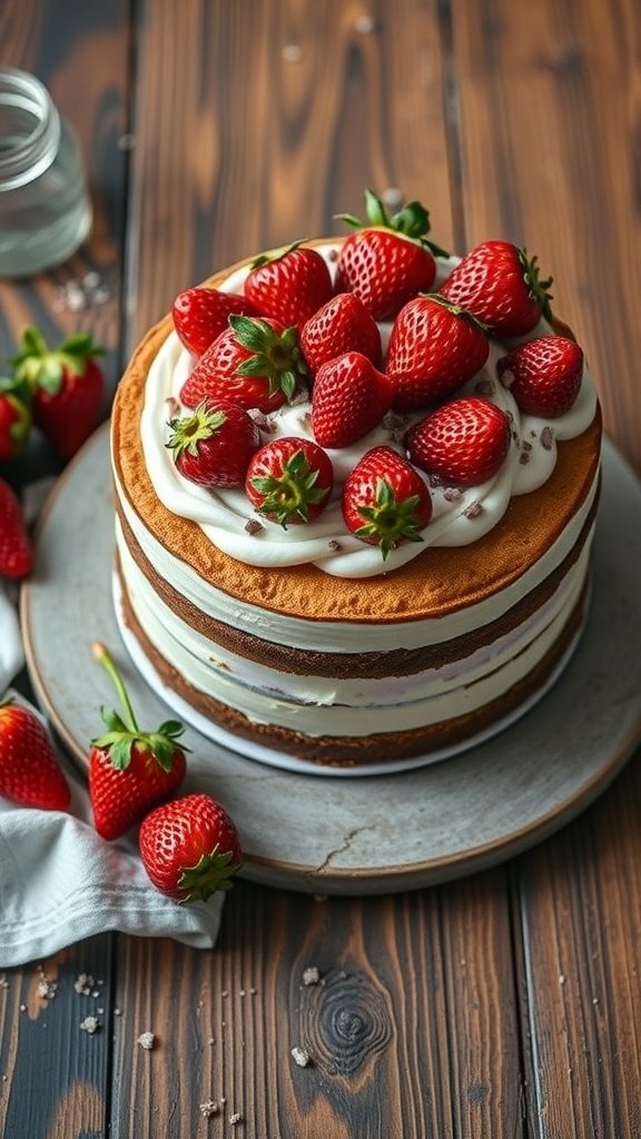 A rustic strawberry birthday cake with layers of cream and topped with fresh strawberries on a wooden table.