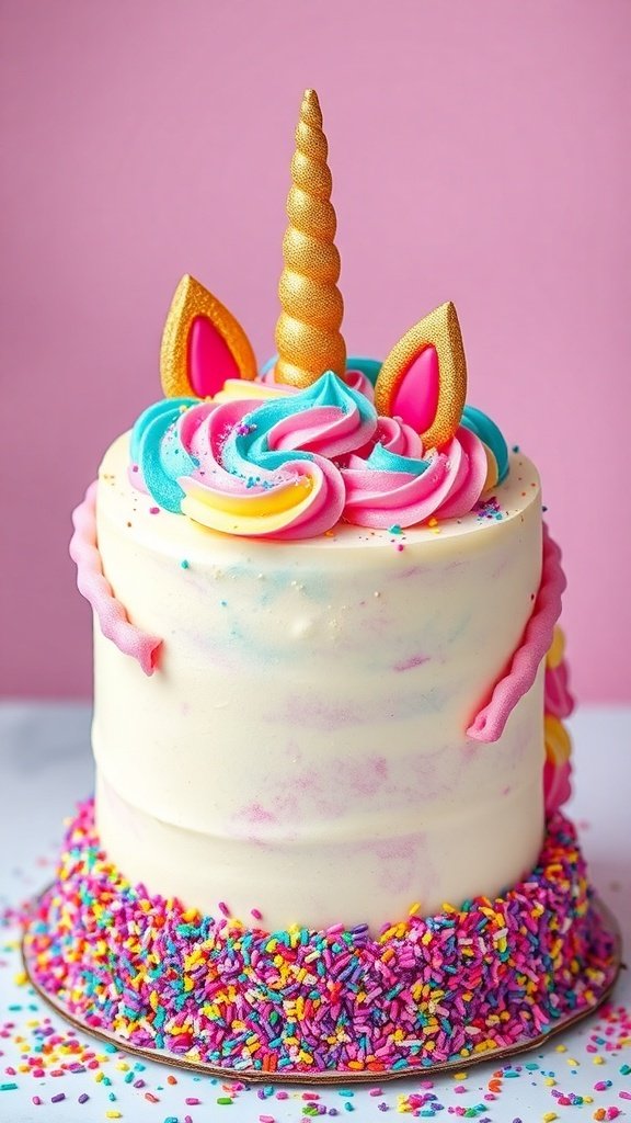 A whimsical unicorn cake with a golden horn, colorful frosting, and sprinkles.