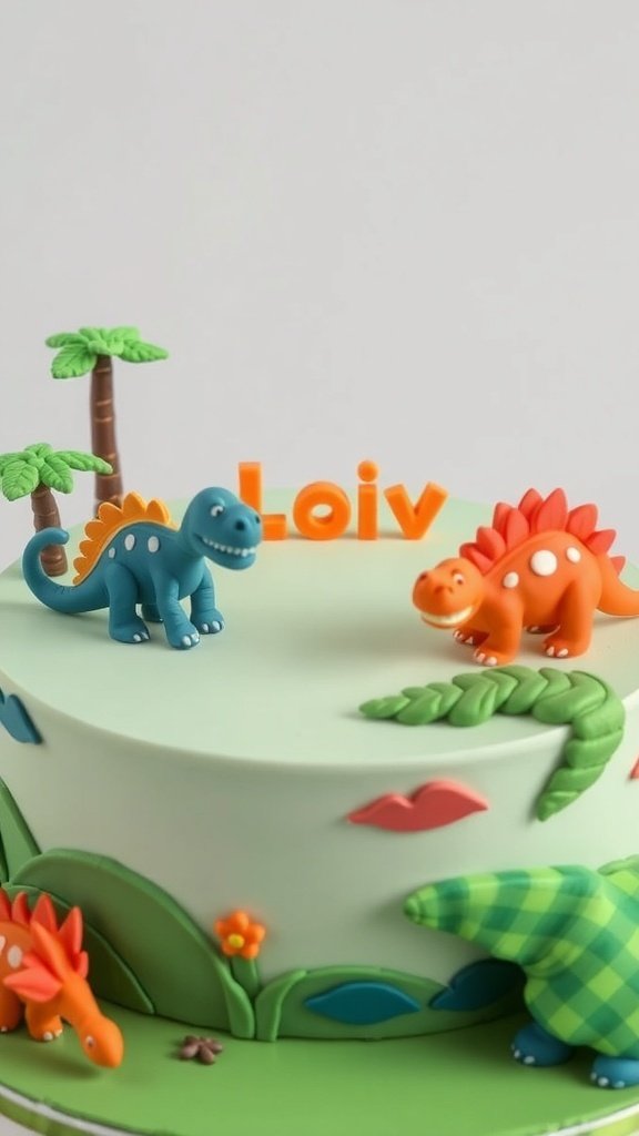 A colorful dinosaur-themed birthday cake with fondant dinosaurs and palm trees.
