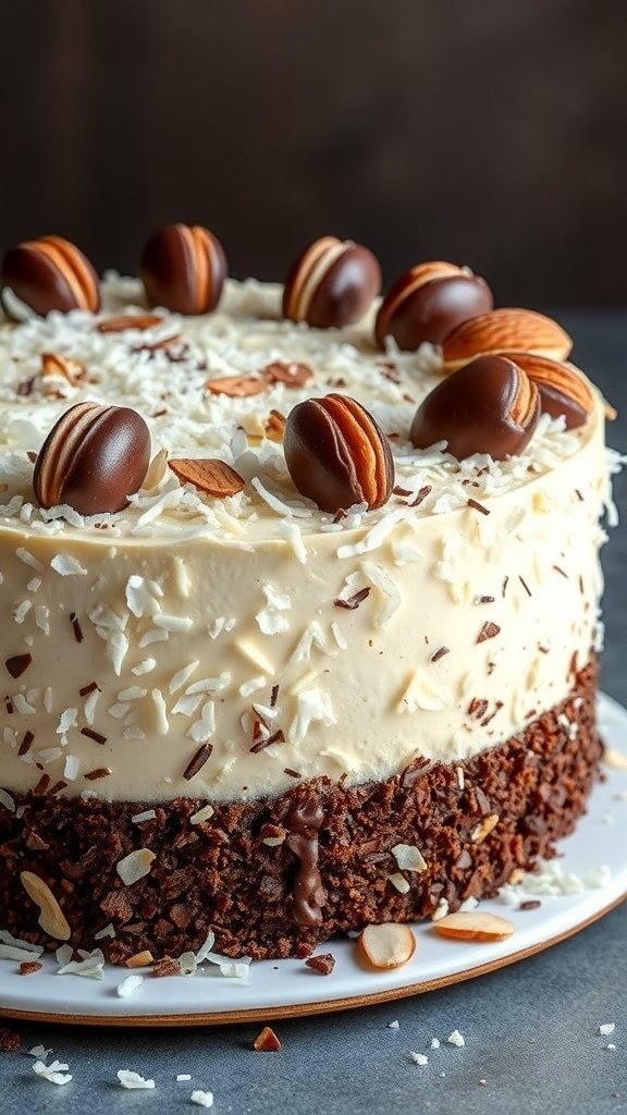 A beautifully decorated Almond Joy Cake with chocolate, coconut, and almonds on top.