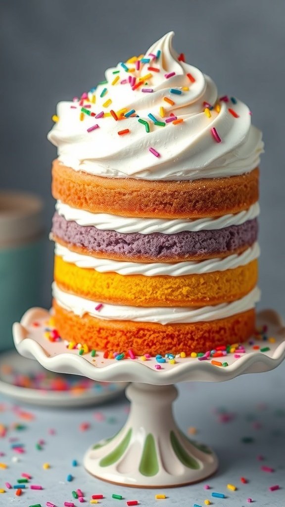 A colorful rainbow layer cake topped with whipped cream and sprinkles on a decorative cake stand.