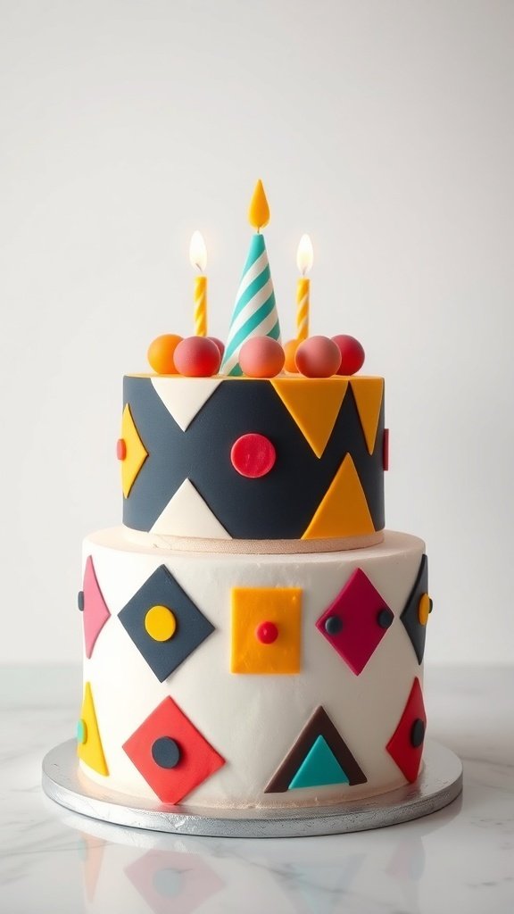 A two-tier birthday cake with bold geometric designs in vibrant colors, featuring decorative balls and candles on top.
