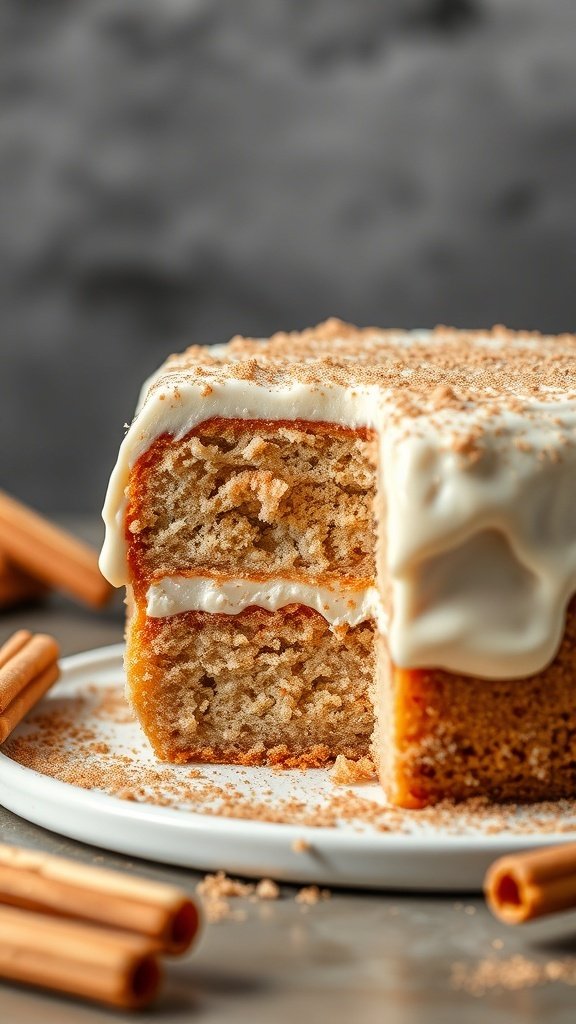 A sliced churro cake with creamy frosting and cinnamon dusting, surrounded by cinnamon sticks.