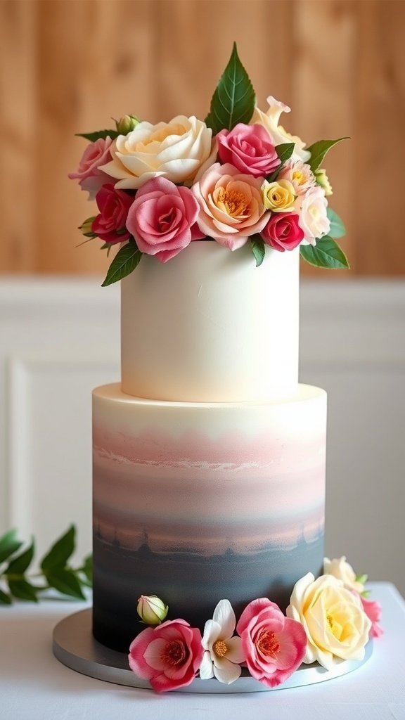 A two-tier ombre cake decorated with fresh roses and leaves.