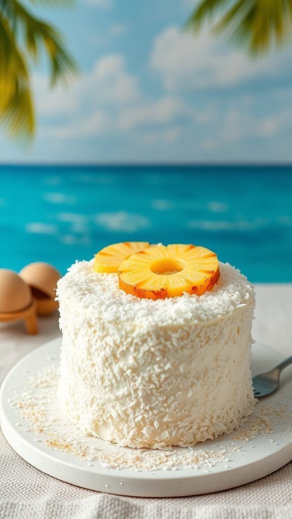 A Tropical Coconut Cake topped with pineapple slices, set against a beach background.