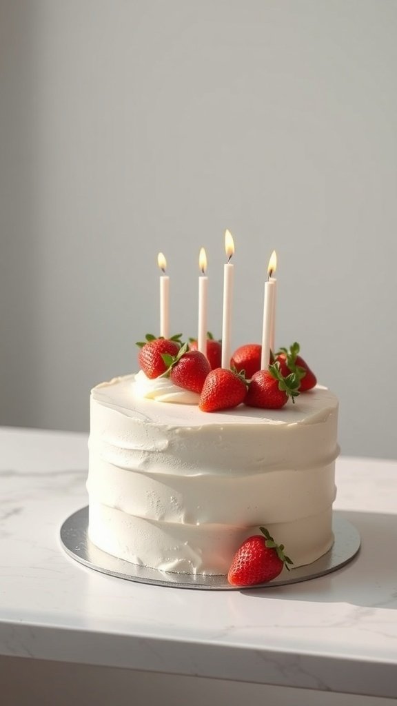 A minimalist strawberry birthday cake with fresh strawberries and candles on top.