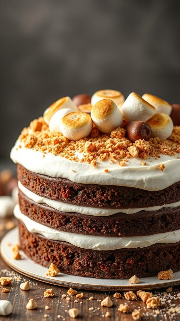 A layered s'mores cake topped with toasted marshmallows and graham cracker crumbs.