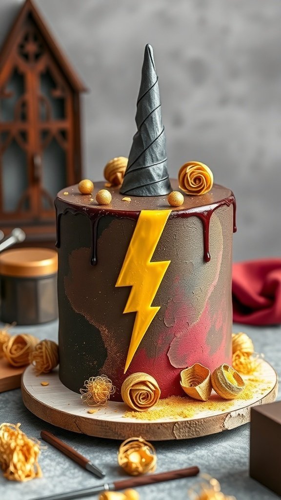A Harry Potter themed birthday cake featuring house colors, a lightning bolt, and a wizard hat.