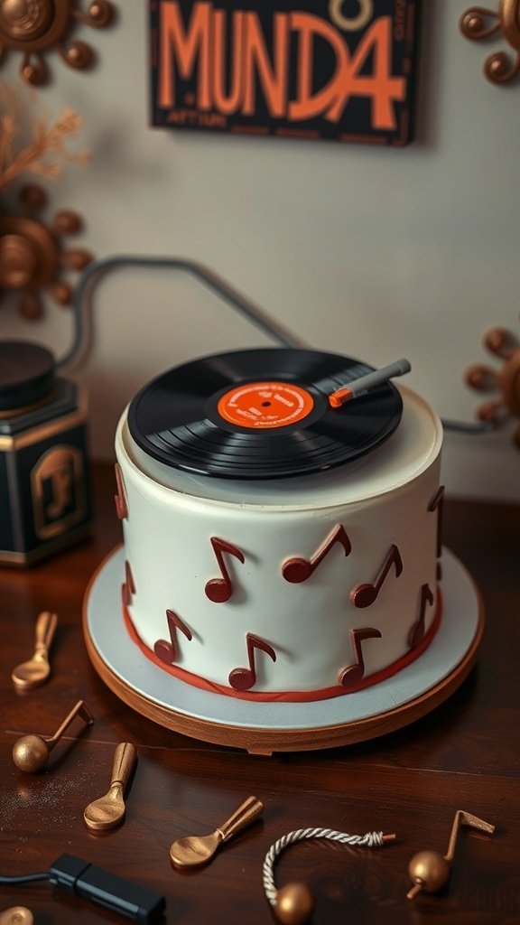 A vintage record player cake with musical notes and a vinyl record on top.