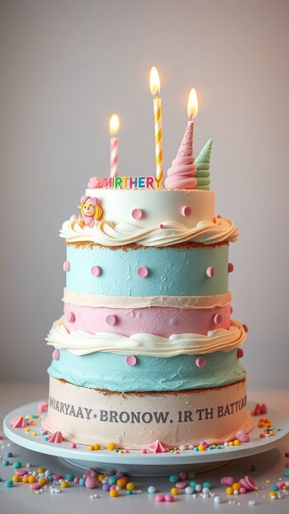 A whimsical birthday cake with pastel layers, topped with candles and playful decorations.
