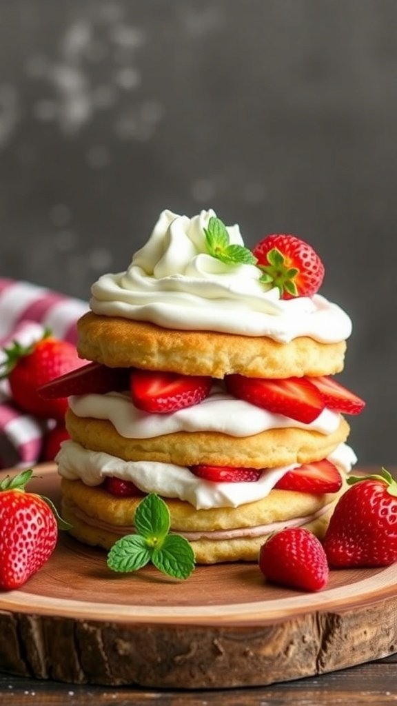 A rustic strawberry shortcake with layers of cake, strawberries, and whipped cream, garnished with mint leaves.