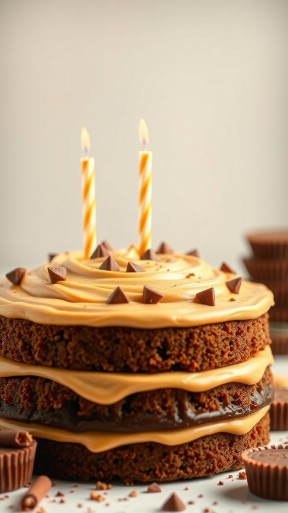 A three-layer peanut butter cup cake with candles on top, decorated with chocolate chips and peanut butter cups.