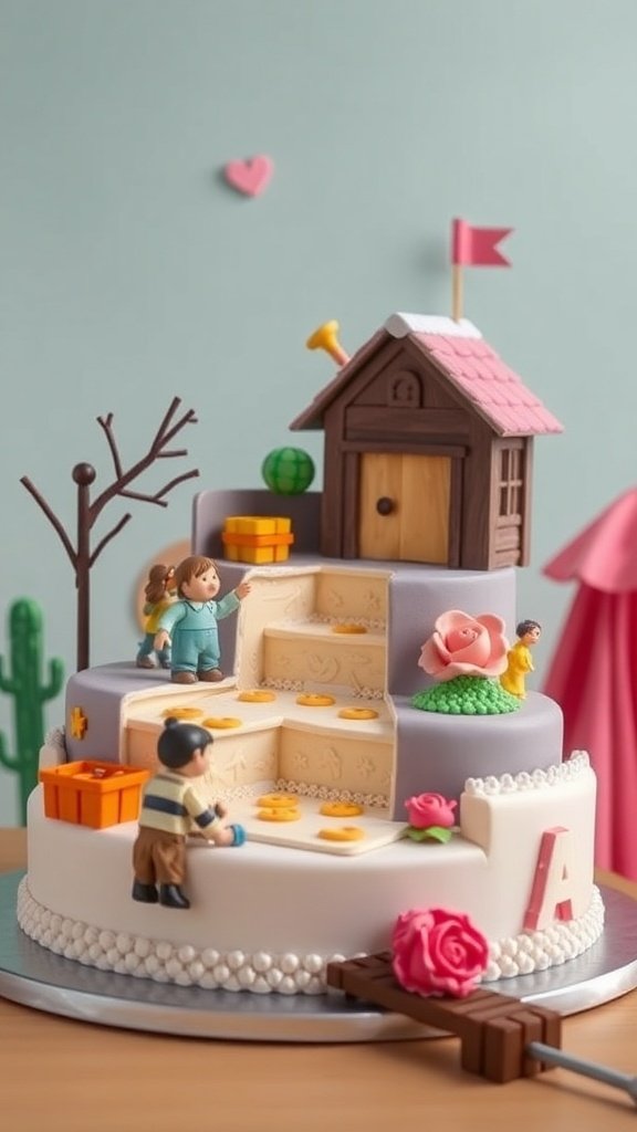 A colorful interactive cake with a house, figures, and decorations.