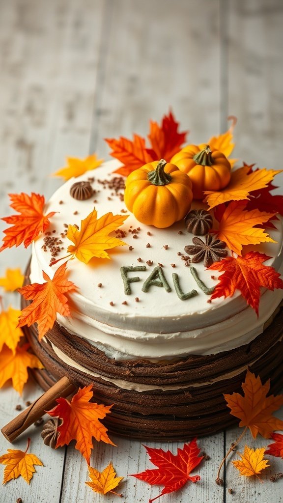 A beautifully decorated Seasonal Harvest Cake with pumpkins and autumn leaves.
