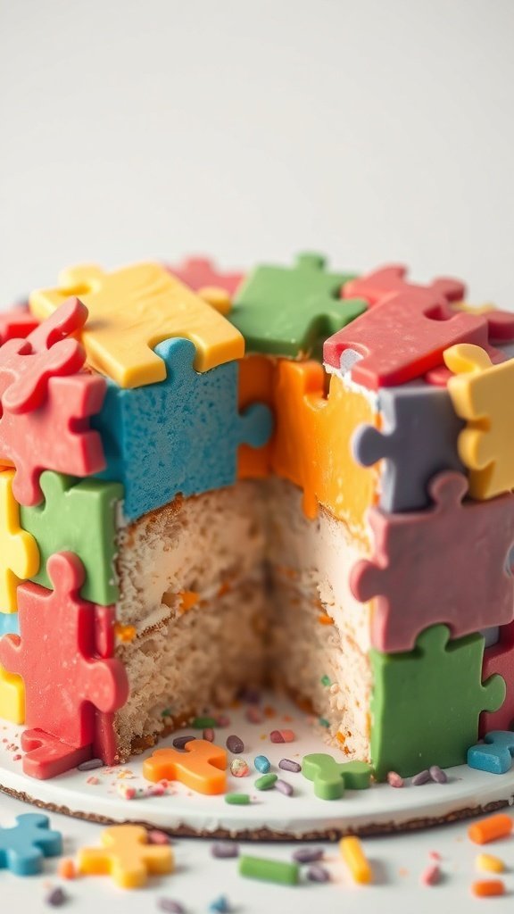 A colorful puzzle piece cake with a slice cut out, revealing layers of cake and frosting.